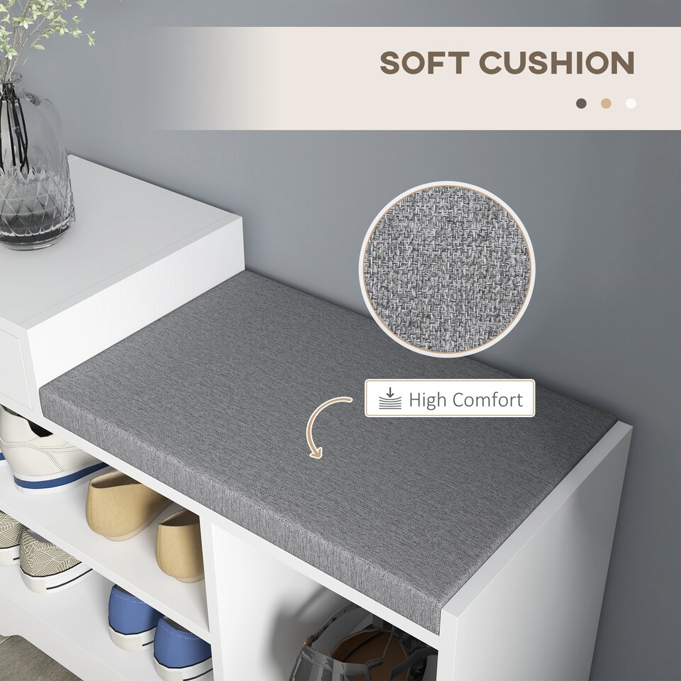 image 1 of HOMCOM Shoe Storage Bench, Shoe Rack Bench with Seating Cushion, Drawer, 3 Open Compartments and Table Top for Entryway, Hallway, White | White | White