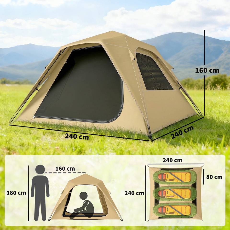 image 1 of Outsunny Pop Up Tent Waterproof Instant Camping Tents 2-3 People Khaki