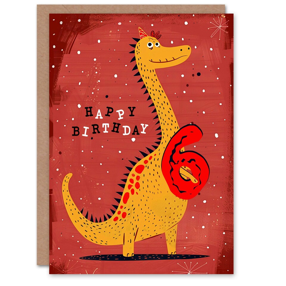 image 1 of Spiky Yellow Red Dinosaur Cartoon Cute 6th 6 Year Old Child Kids Birthday Card