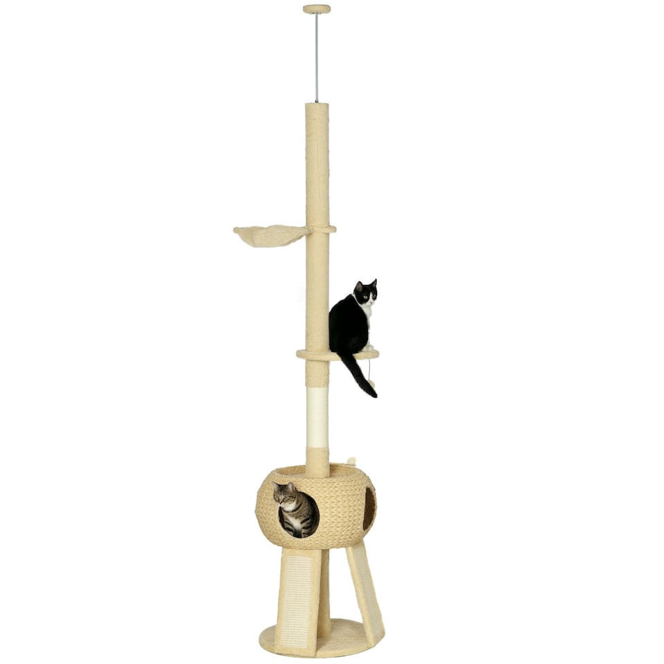 image 1 of PawHut 255cm Tall Cat Tree with Scratching Posts, Condo, Hammock, Beige