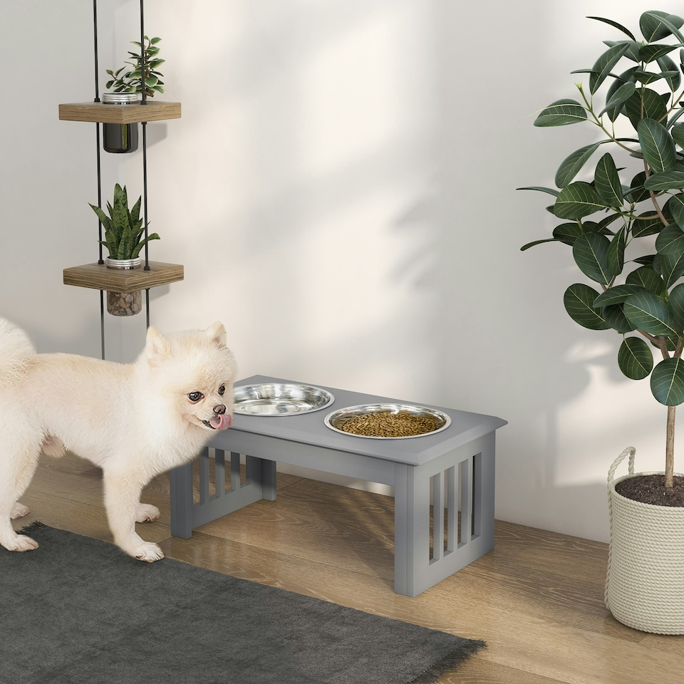 image 1 of PawHut Raised Dog Bowls Pet Feeder Raised Elevated Stainless Steel Food Grey
