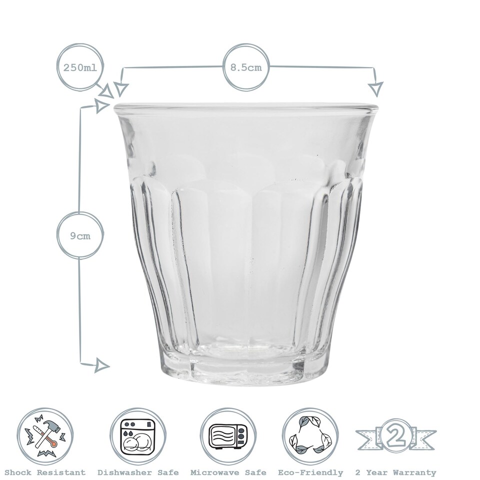 image 1 of Duralex 12 Piece Picardie Drinking Tumbler Glasses Set - Tempered Glass Tumblers for Water, Juice, Whisky - Grey - 250ml | Grey | Grey