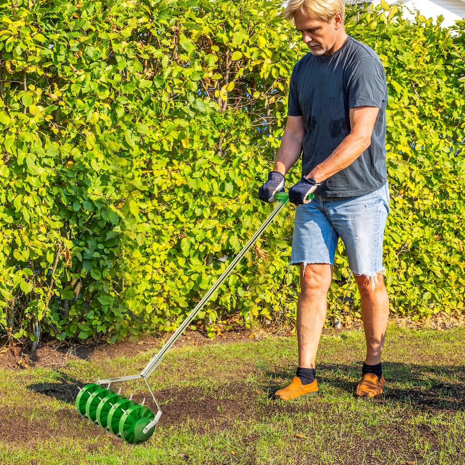 image 1 of Outsunny Grass Spike Roller, Soil Aerator w/ 3 Piece Handle and T-bar Grip | Green