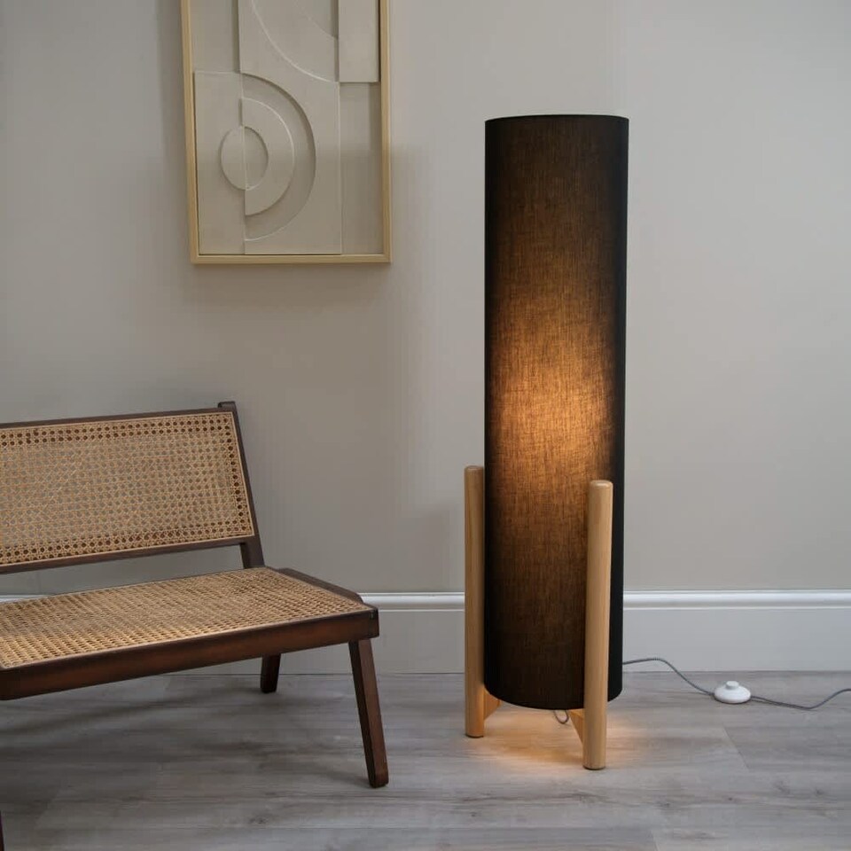 image 1 of ValueLights Henry Wooden Base Midi Floor Lamp with Tall Charcoal Fabric Shade & Bulb | Grey