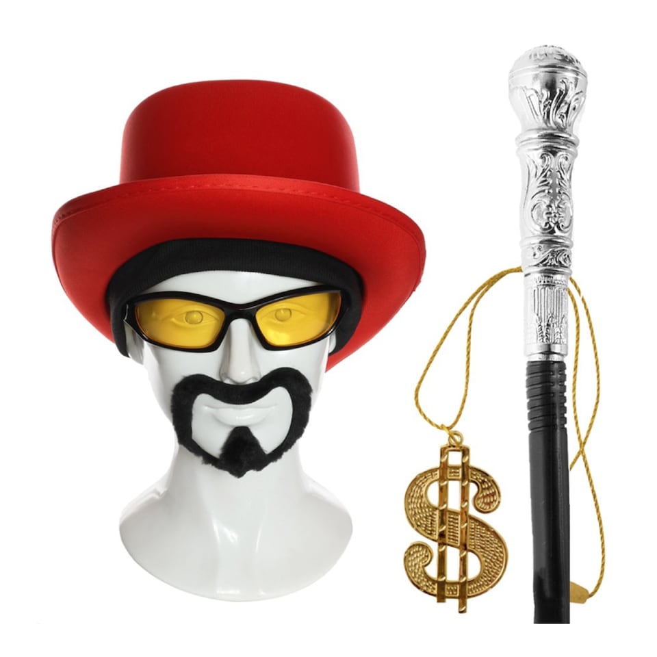 image 1 of 90's Rapper Set - Top Hat, Beanie, Glasses, Goatee, Chain and Cane | Multi | One Size