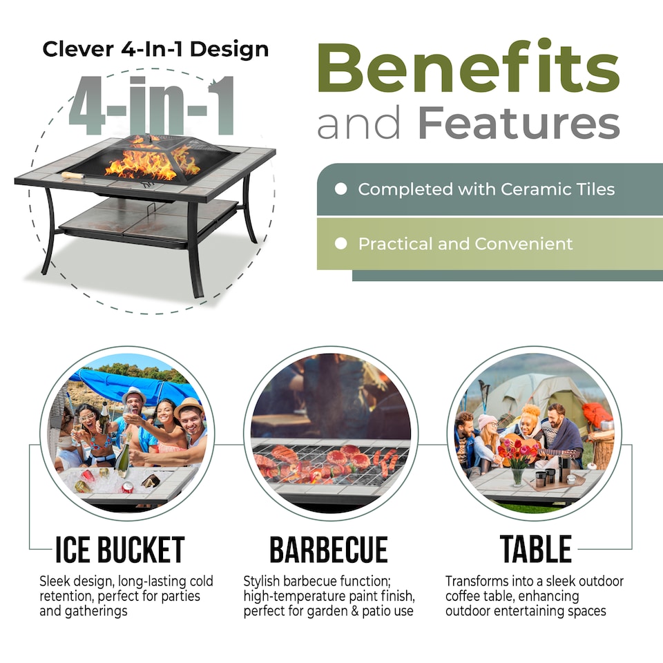 image 1 of Centurion Supports SHANGO Premium Multi-Functional Black with Ceramic Tiles Outdoor Garden and Patio Square Heater Fire Pit Brazier and Outdoor Table