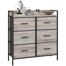 HOMCOM Bedroom Chest of Drawers, Fabric Dresser with 6 Drawers, Storage Organiser Unit with Open Shelf and Metal Frame for Living Room, Entryway, Grey Wood Effect