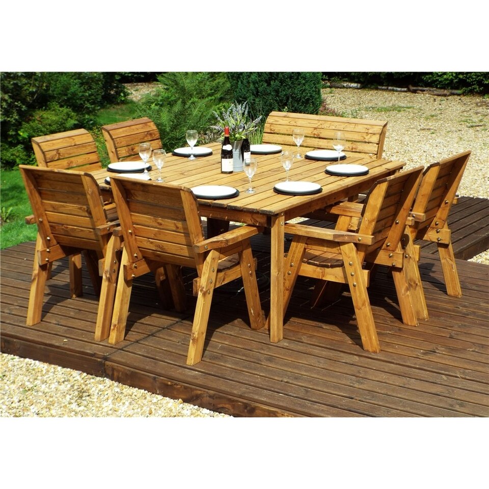image 1 of Traditional Eight Seater Table Set with 6 x Chair Cushion, 1 x Bench Cushion, 1 x Burgundy Parasol & Base & Cushion Storage Bag