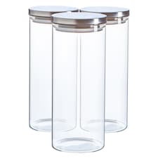Argon Tableware Glass Storage Jars - Silver Lid - 1.5 Litre - Modern Round Scandi Organisation Container Glass Jar - Set of 3