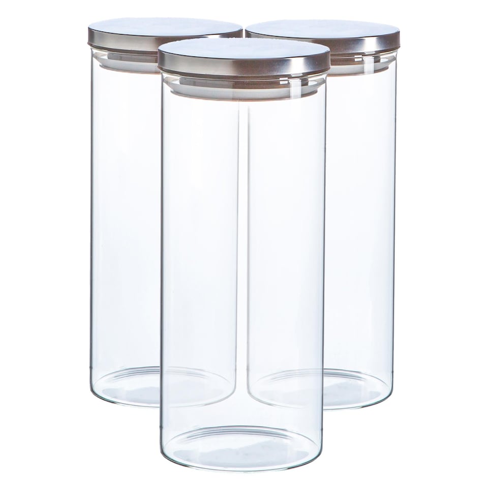 image 1 of Argon Tableware Glass Storage Jars - Silver Lid - 1.5 Litre - Modern Round Scandi Organisation Container Glass Jar - Set of 3