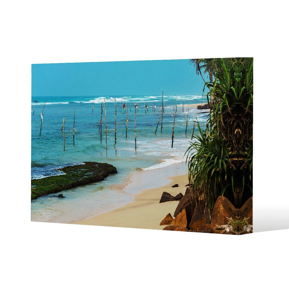 image 1 of Fishermen on the ocean coast of Sri Lanka (Canvas Print) | Cream