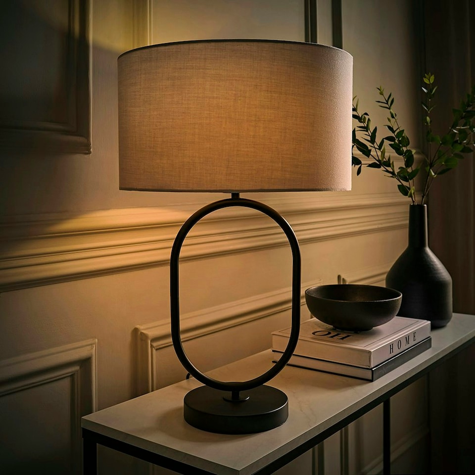 image 1 of ValueLights Antonia Grey Fabric Drum Lamp Shade Matte Black Oval Table Lamp with LED Bulb Black