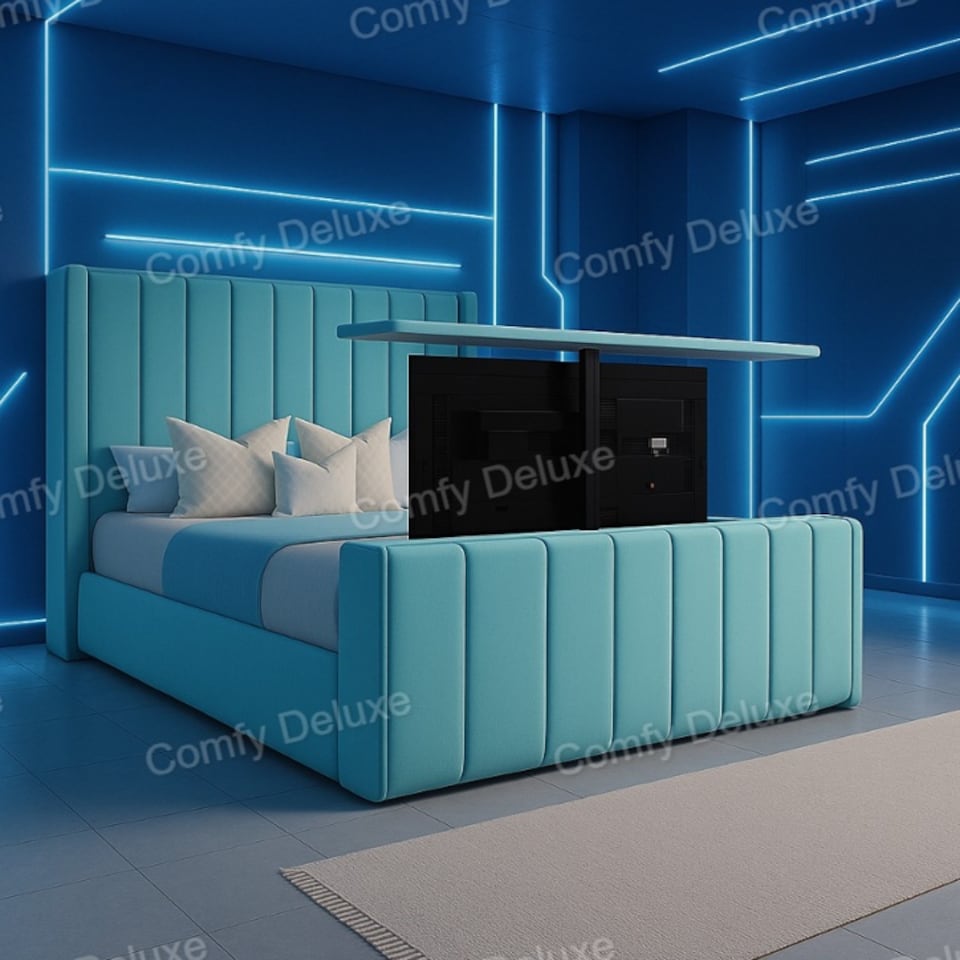 Sky Blue Plush 5FT KingsizeZ aya Tv Bed Frame Only With 54inch Headboard Solid Bed