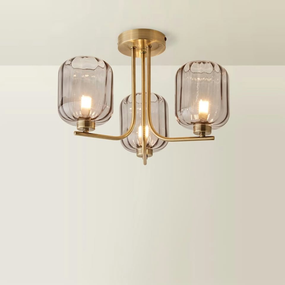 image 1 of ValueLights Amelie 3 Way Ribbed Glass Gold Ceiling Pendant Light with LED Bulbs