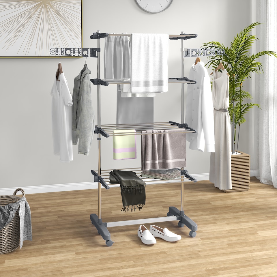 image 1 of HOMCOM 4-Tier Clothes Airer, Stainless Steel Foldable Clothes Drying Rack with Wheels and Wings, Indoor and Outdoor, Easy Assembly, 142 x 55 x 172cm, Grey