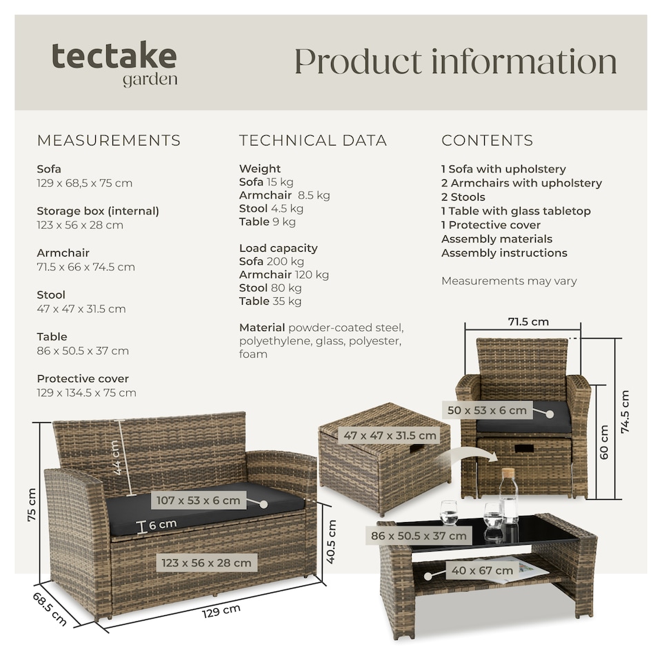 image 1 of Garden Furniture Set Modena- sofa with storage, armchairs, stools, coffee table | Brown | nature | 129 x 68,50 x 75 cm | 1