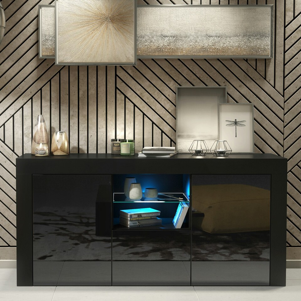 image 1 of Black TV Unit 145cm Gloss Doors Free LED Modern Media Cabinet Black