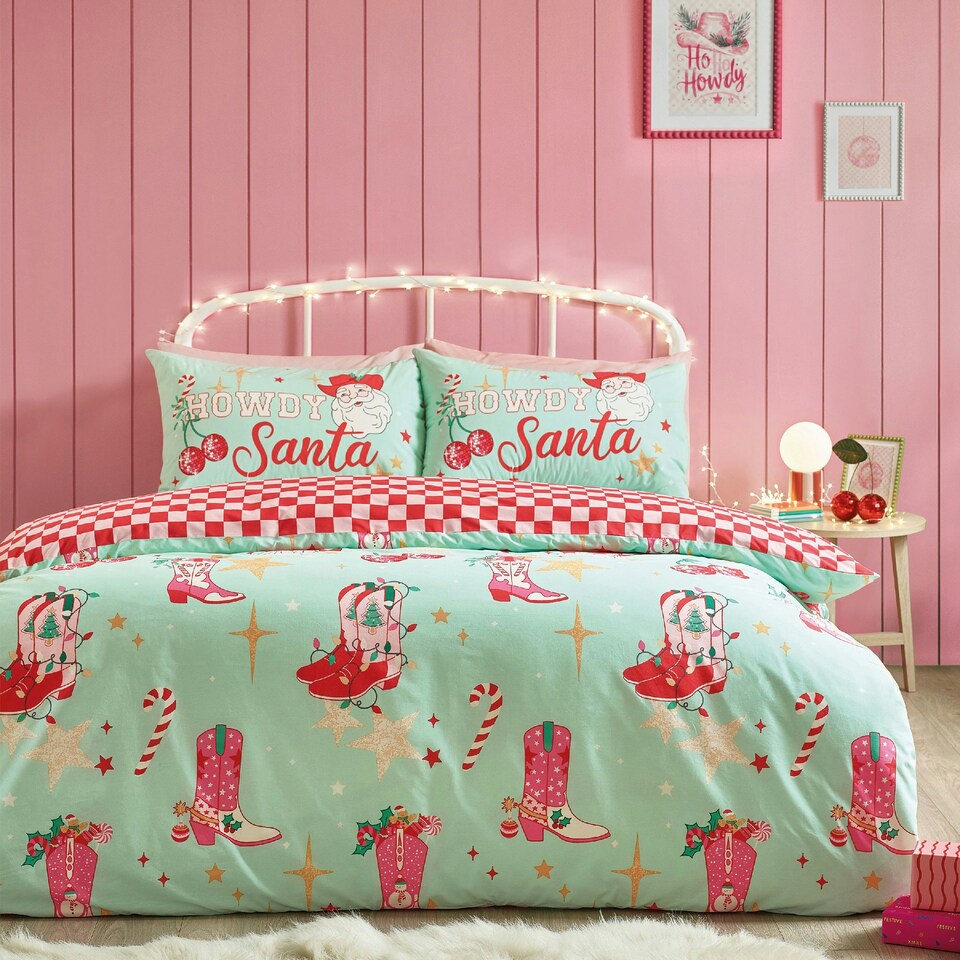 image 1 of Catherine Lansfield Santa's Howdy Christmas Reversible Duvet Cover Set Green | Green | Double