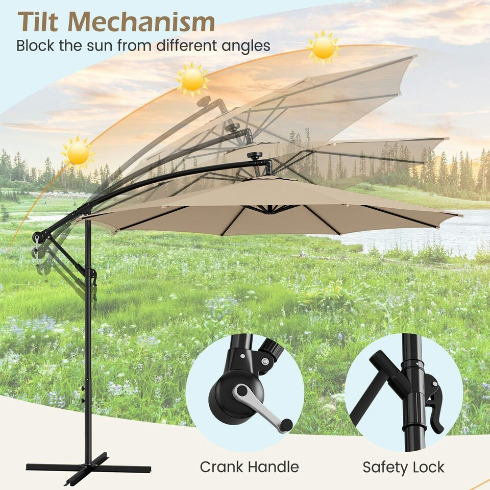image 1 of COSTWAY 303 cm Patio Parasol Solar LED Cantilever Offset Umbrella Cream