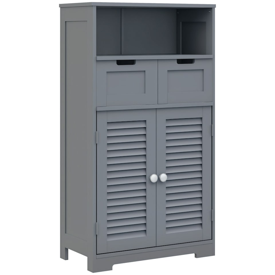 image 1 of kleankin Free Standing Bathroom Storage Cabinet with Louvred Doors, 2 Drawers, Grey
