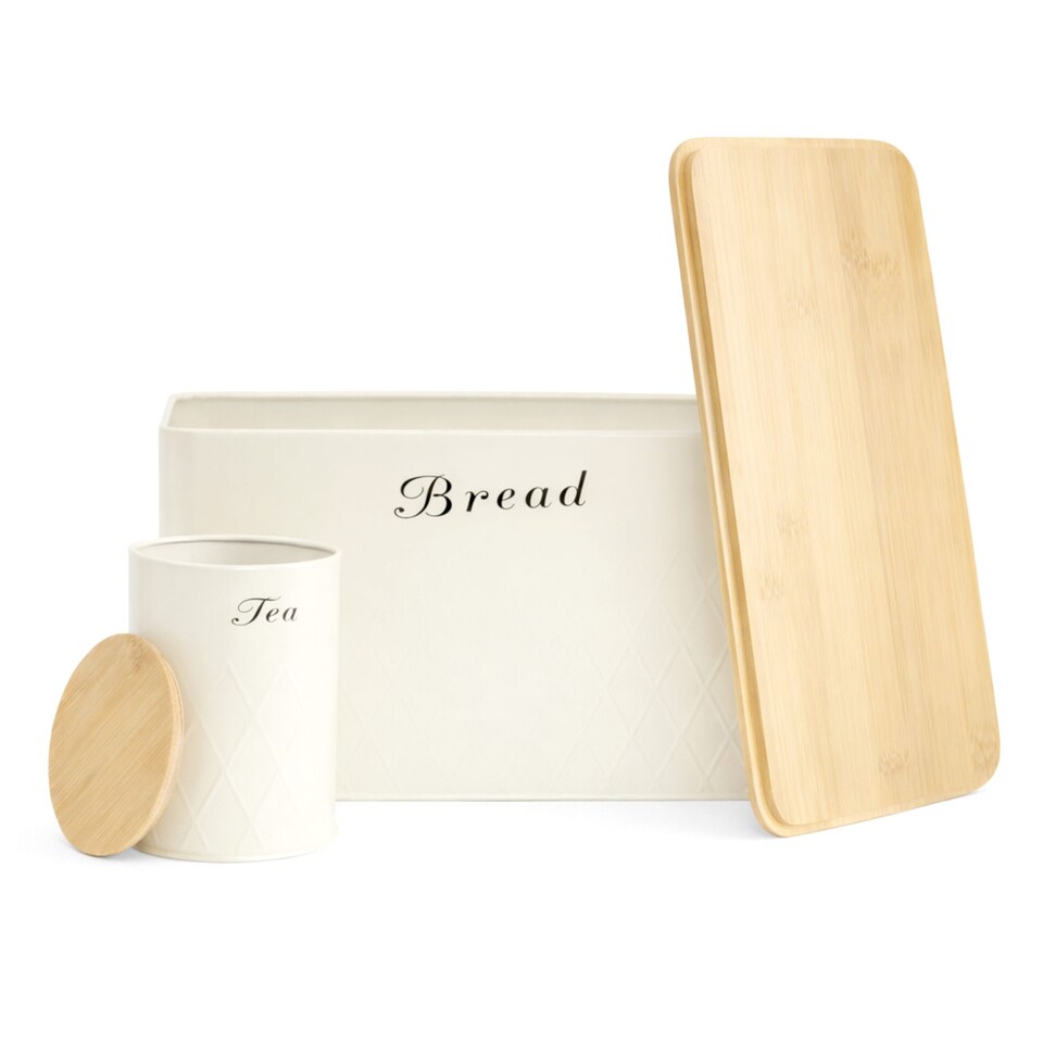 image 1 of 5pc Cream Bamboo Lid Kitchen Canister Set Bread Biscuits Tea Sugar Coffee