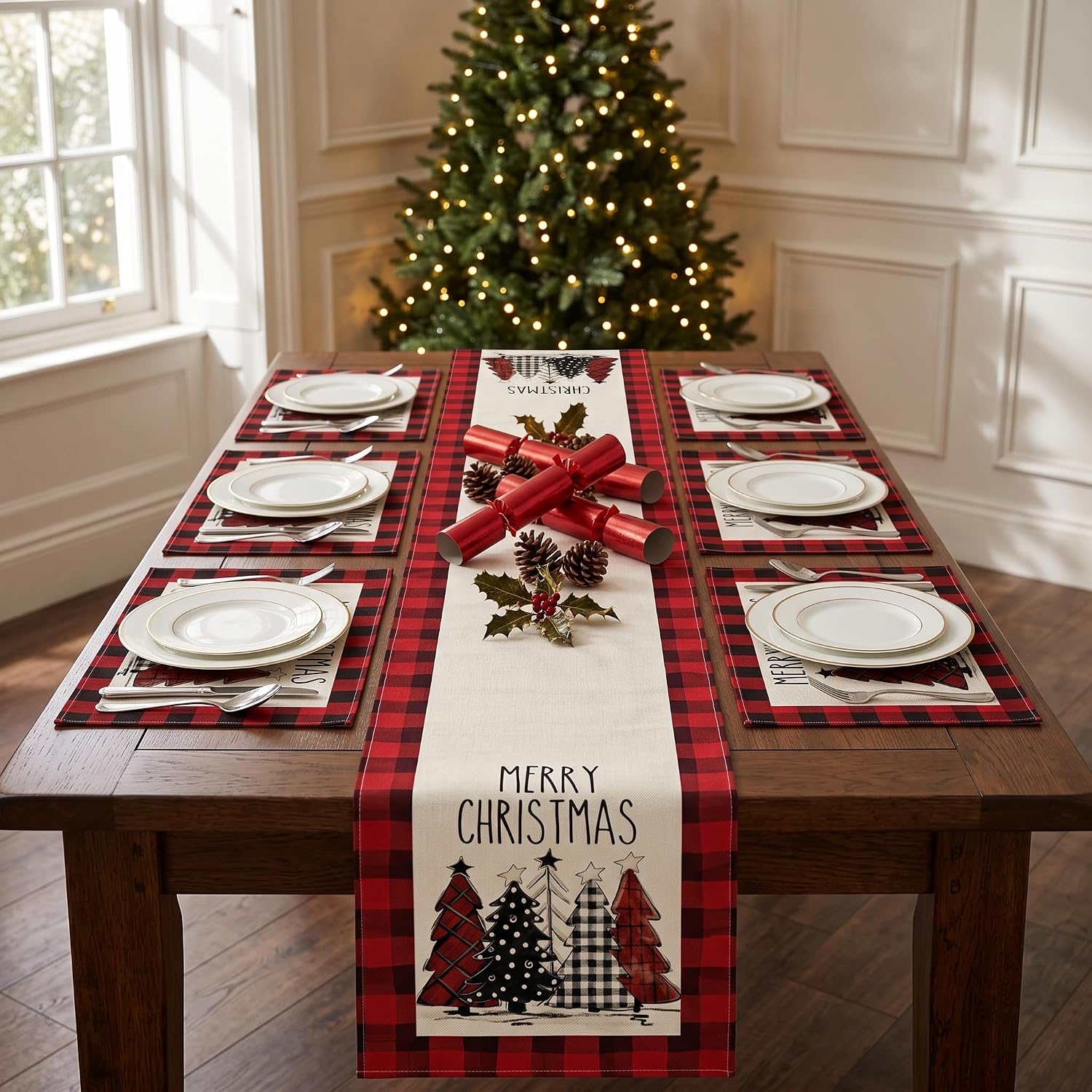 Christmas Table Runner and Placemats Set, 7 Pack Red Buffalo Plaid Xmas Dining Table Decorations with Tree Pattern, for Home Holiday Party, Red