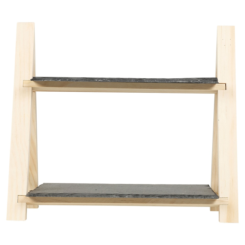 image 1 of 2-Tier Slate and Wood Snack Display Stand