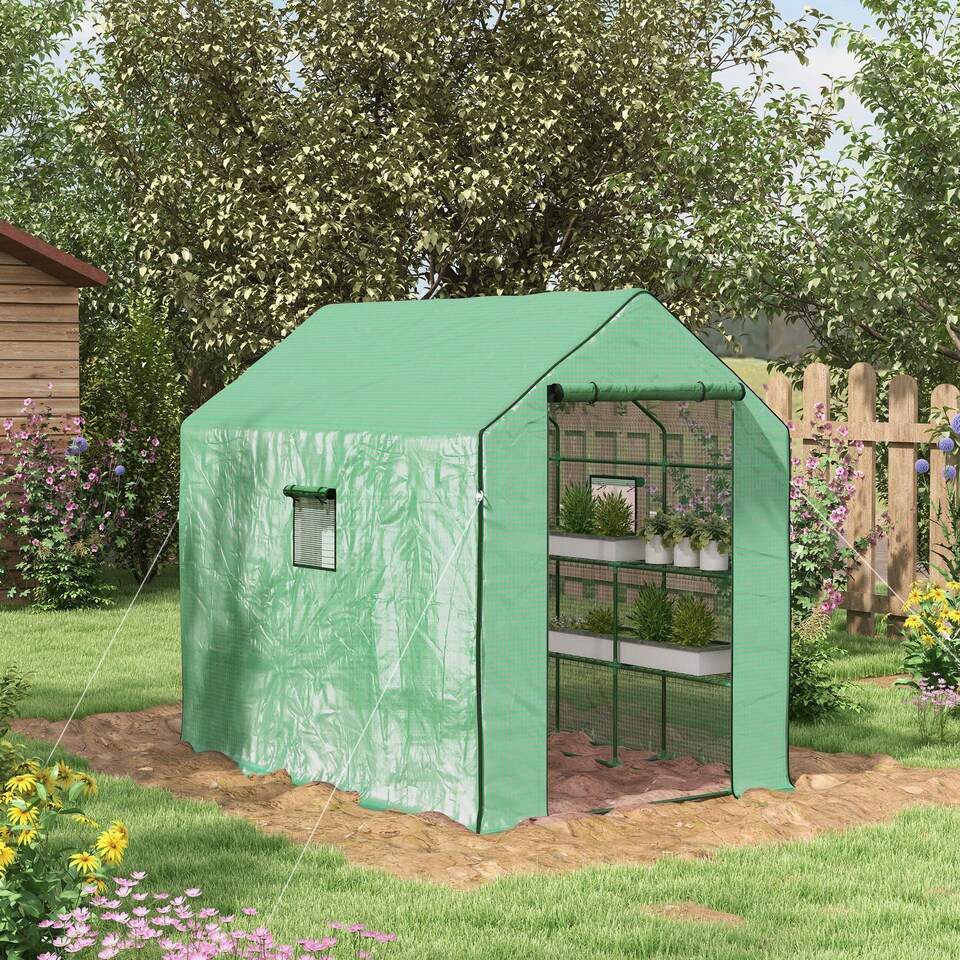 image 1 of Outsunny Walk-in Outdoor Green House with Door and Mesh Windows, Green