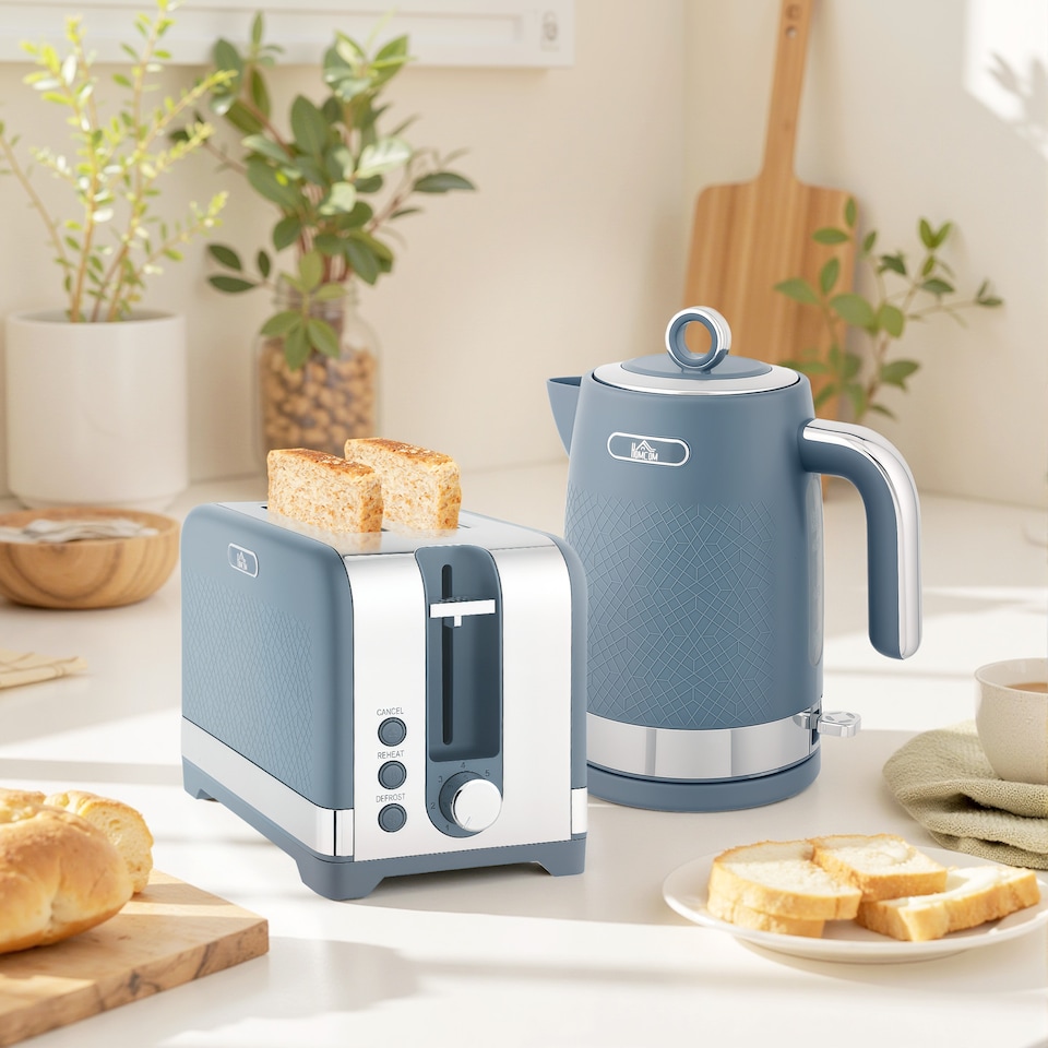 image 1 of HOMCOM Kettle and Toaster Set, 1.7L 3000W Rapid Boil Jug Kettle with Otter Thermostat, Limescale Filter, 2 Slice Toaster with 7 Browning Controls, Crumb Tray, Blue | Blue