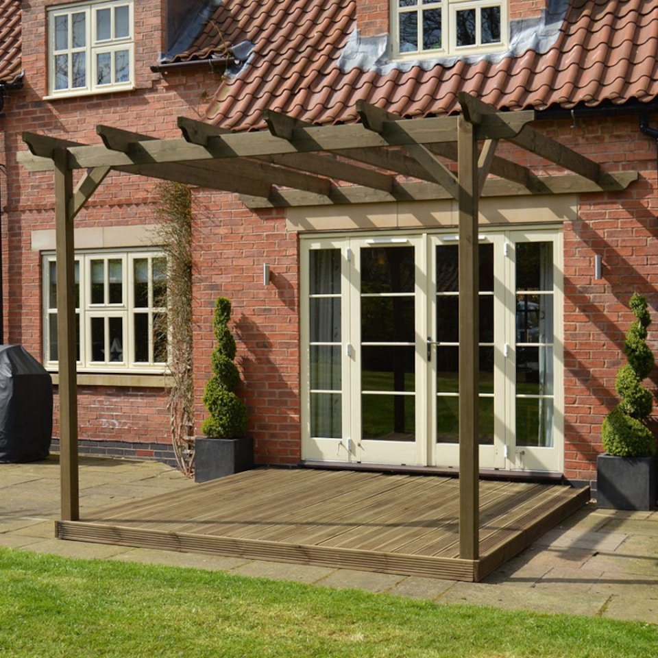 image 1 of Wall Mounted Pergola and Decking Kit - L300 x W300 x H270  cm - Rustic Brown