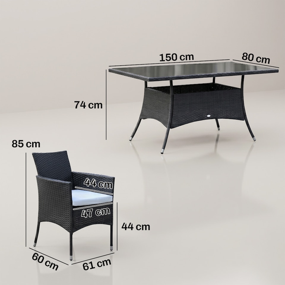 image 1 of Outsunny Rattan Dining Set for 6 with Cushions, Glass Top Table, Black | Black | Black, Cream White | Table: 150x80x74cm, Chair: 61x60x85cm