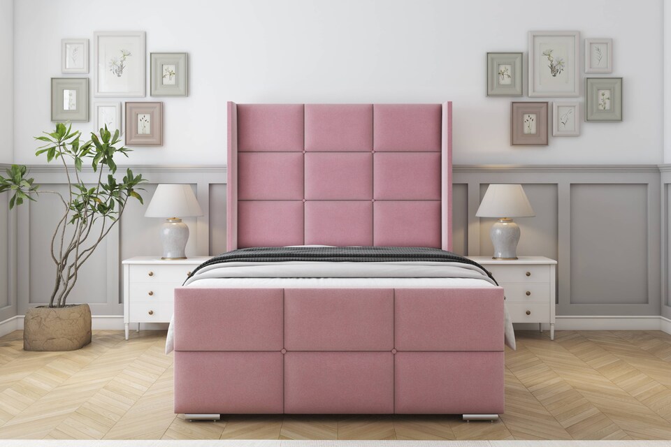 image 1 of Sloomy Beaumont Pink Plush Bed Frame With Mattress With 50"  Upholstered Wingback Headboard 5' King
