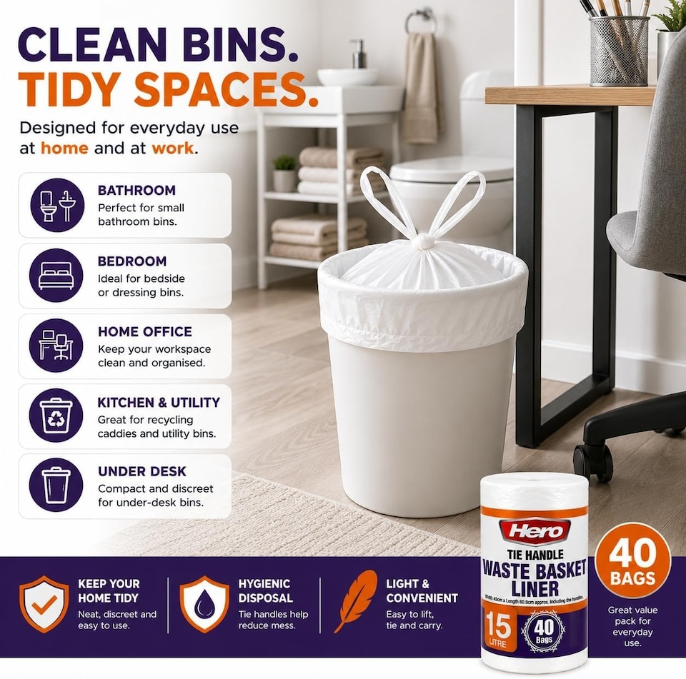 image 1 of Hero 15L White Tie Handle Bin Liners - Pack of 40 Small Waste Basket Bags for Bathroom, Bedroom, Office & Utility Bins