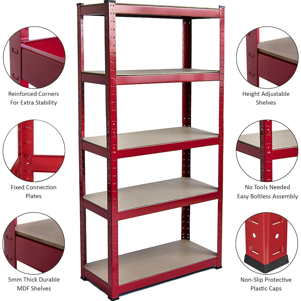 image 1 of Home Vida 5 Tier Garage Shelf Heavy Duty Boltless Shelving Storage Unit, Large, Red