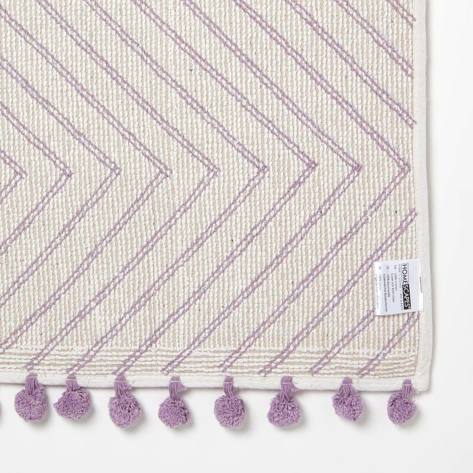 image 1 of Homescapes Lilac Cotton Bath Mat Tufted Zig Zag with Pom Pom Edges - 50 x 80 cm Purple