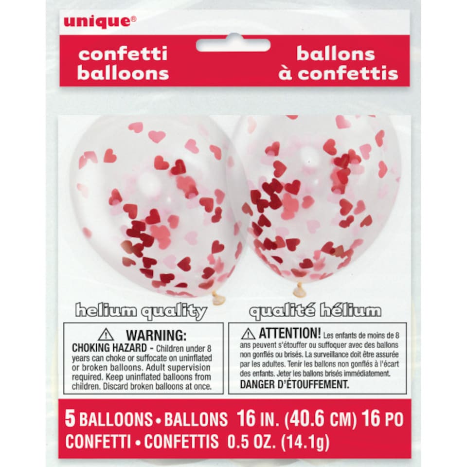 image 1 of Clear Biodegradable Latex Balloons With Red Heart Shaped Tissue Confetti 40cm / 16 in - Pack of 5