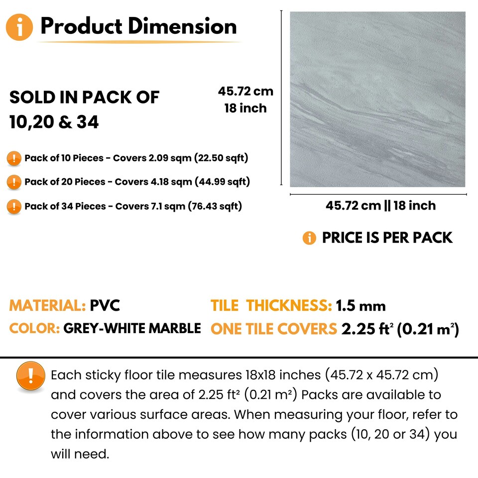image 1 of NOVECRAFTO Vinyl Floor Tiles Self Adhesive – 18x18in Peel and Stick Waterproof Square Flooring for Kitchen, Bathroom & More – Grey White Marble Design Grey | 2.09 sqm