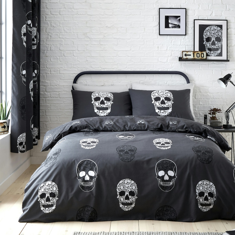 image 1 of Catherine Lansfield Skulls Reversible Single Duvet Cover Set Grey