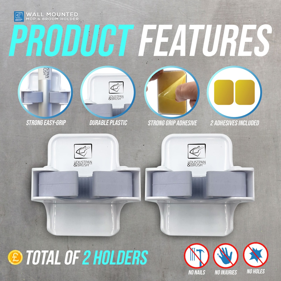 image 1 of Mop and Broom Holder Wall Mounted Easy Storage Gripper for Cleaning Tools