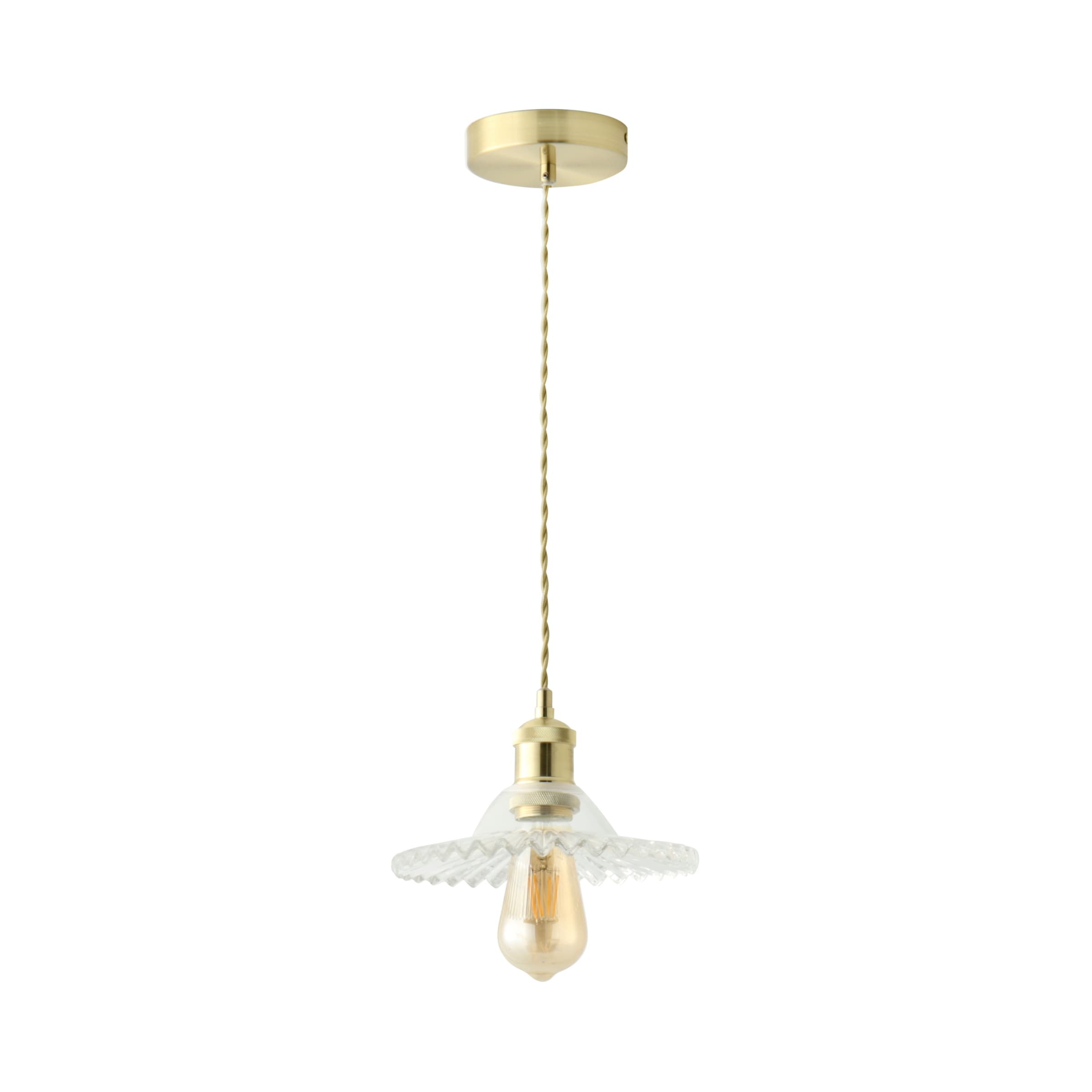 ValueLights Lucrezia Brushed Gold Hanging Ceiling Pendant Light Fitting with Clear Frilled Glass Shade and Bulb