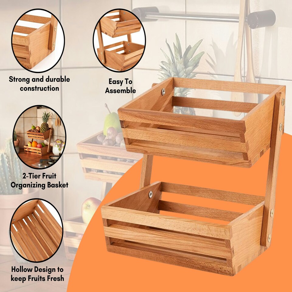 image 1 of Two-Tier Wooden Vegetable Basket & Fruit Storage Rack – Freestanding Countertop Food Storage Bowl for Kitchen Organisation