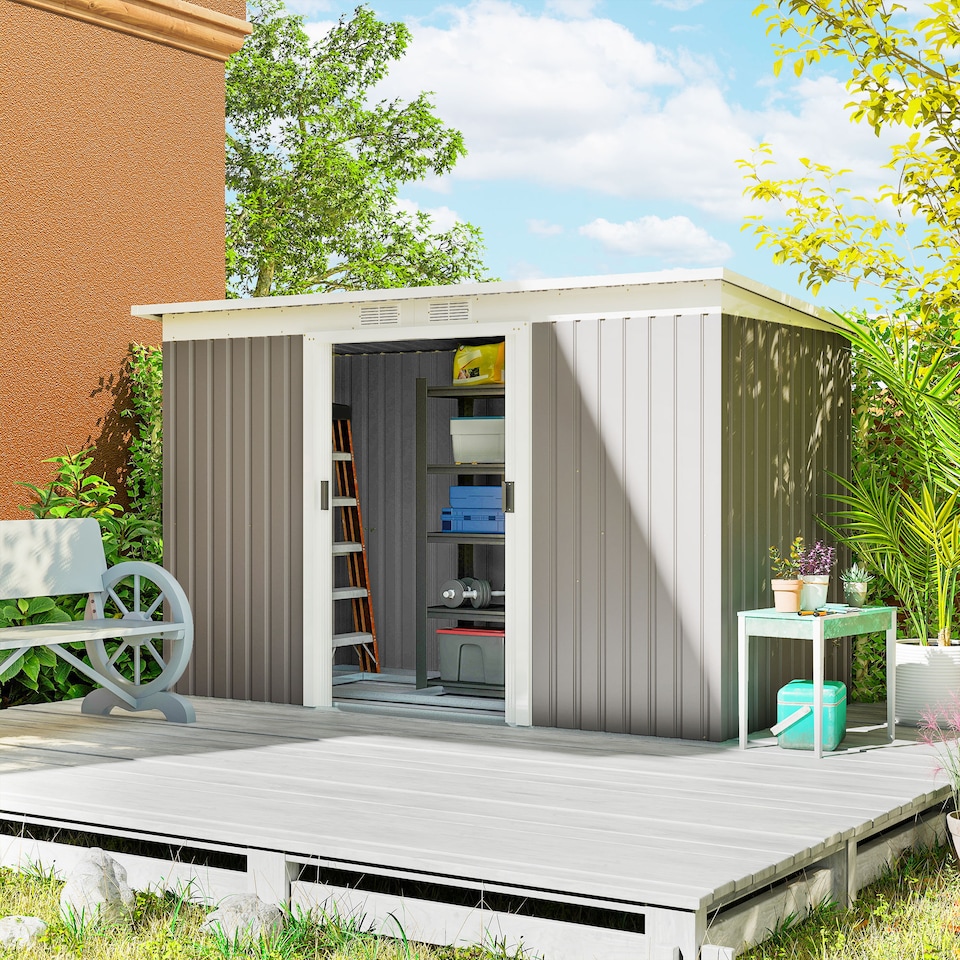 image 1 of Outsunny 9ft x 4ft Metal Garden Shed, Outdoor Tool House with Foundation Kit, Ventilations and Double Doors, Light Grey