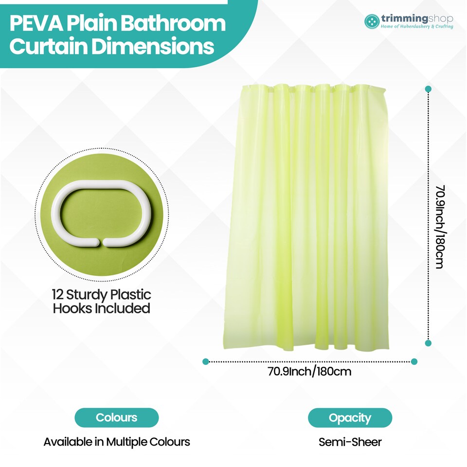 image 1 of PEVA Plain Mould & Mildew Resistant Shower Curtain with 12 Hooks - 180x180cm