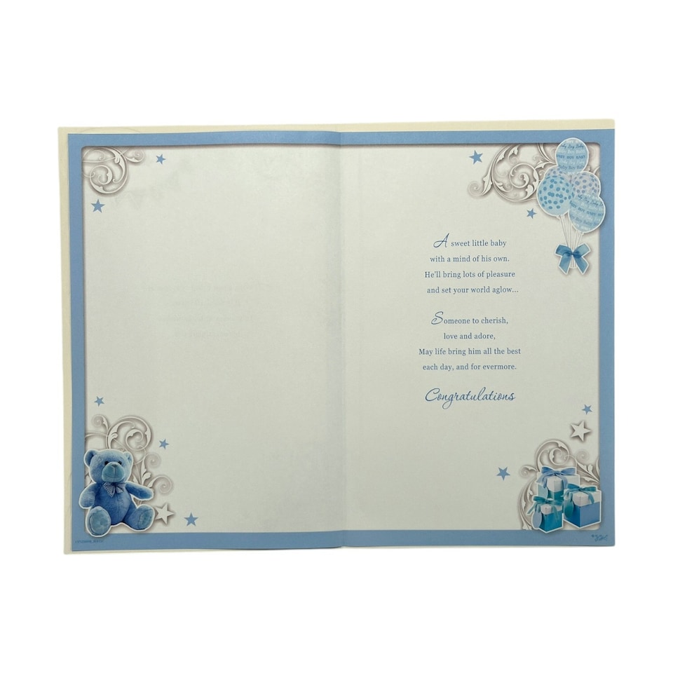 image 1 of On The Birth Of Baby Boy Blue Balloons And Teddy Design Opacity Congratulations Card