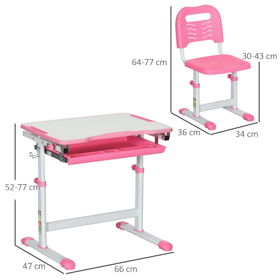 image 1 of HOMCOM Kids Desk and Chair Set w/ Drawer, Pen Slot Hook - Pink 