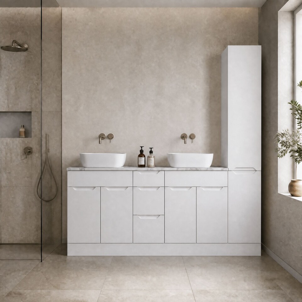 image 1 of Balterley Teddesley Floor Standing 4 Door 3 Drawer Vanity Combination Unit with Tall Unit, Laminate Worktop and Countertop Vessel, 1800mm, Matt White