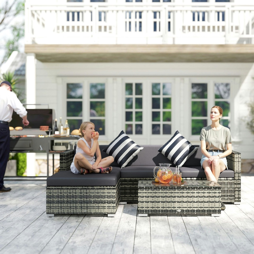 image 1 of Outsunny 5 Pieces Rattan Sofa Set Wicker Sectional Cushion Patio Grey Garden