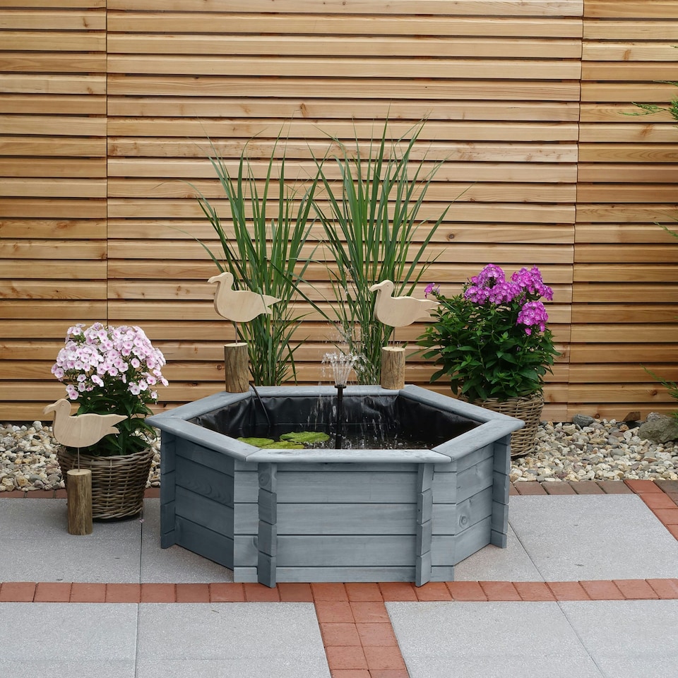 image 1 of Grey Raised Hexagon Garden Solar Pond Set - 1m Width