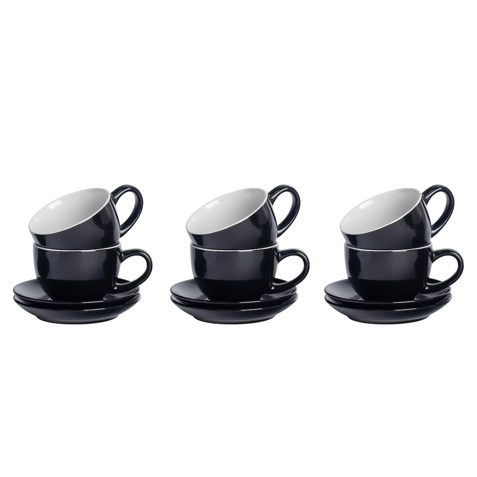 image 1 of Argon Tableware 12 Piece Coloured Cappuccino Cup & Saucer Set - 250ml - Black