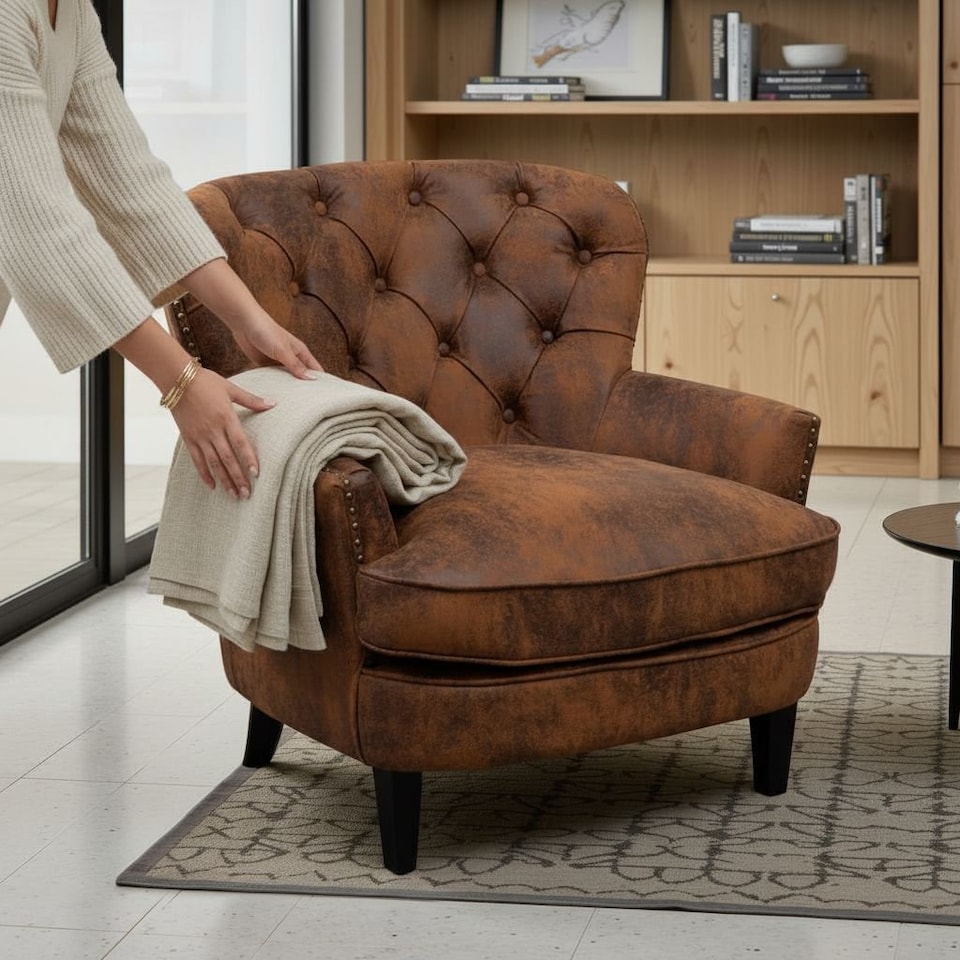 image 1 of Faux Leather Suede Brown Buttoned Ava Accent Chair